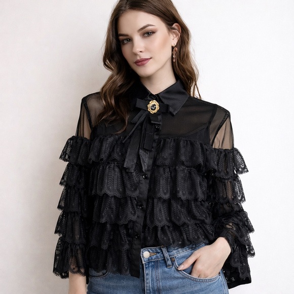 🖤Victorian Gothic Lace Ruffle Blouse | Sheer Black Romantic Tiered Top Size M - Picture 4 of 14